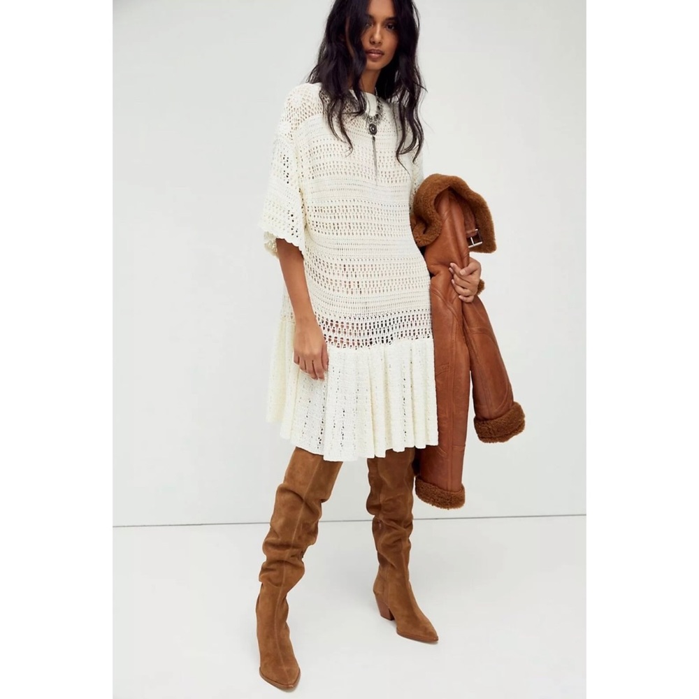 New $198 Free People Sistine Mini Dress Small S Ivory / Nude Crochet Lined